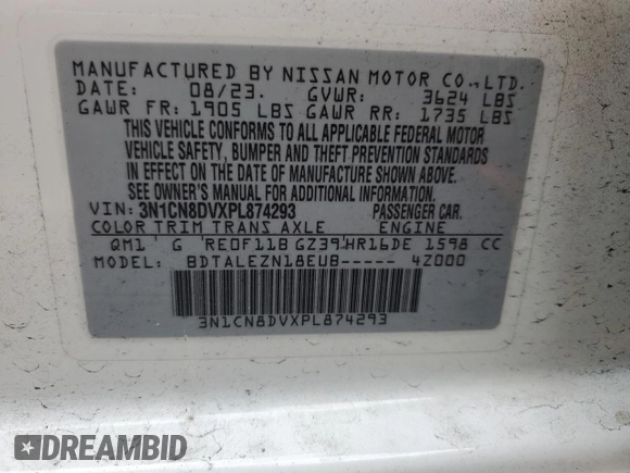 2023 Nissan Versa S with VIN 3N1CN8DVXPL874293, listed as a Copart auction lot 60041525 with 8,332 mi miles and Salvage title. Bid and sale history available at DreamBid. Image 12.