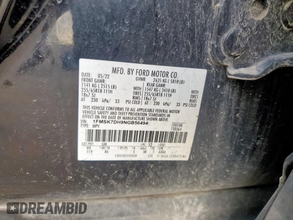2022 Ford Explorer XLT with VIN 1FMSK7DH9NGB56494, listed as a Copart auction lot 64993835 with 88,145 mi miles and Clean title. Bid and sale history available at DreamBid. Image 12.