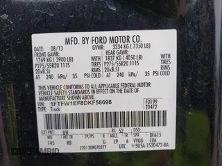 2013 Ford F-150 XL with VIN 1FTFW1EF8DKF58698, listed as a IAAI auction lot 41014041 with 237,269 mi miles and . Bid and sale history available at DreamBid. Image 9.
