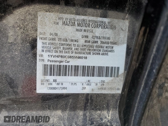 2008 Mazda 6 i Sport VE with VIN 1YVHP80C085M46018, listed as a Copart auction lot 52190595 with 169,729 mi miles and Salvage Title. Bid and sale history available at carsss.com. Image 12.