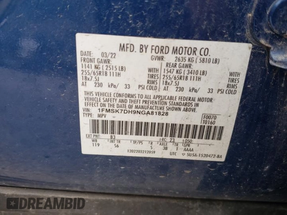 2022 Ford Explorer XLT with VIN 1FMSK7DH9NGA81828, listed as a Copart auction lot 51229085 with 66,468 mi miles and Salvage Title. Bid and sale history available at carsss.com. Image 13.