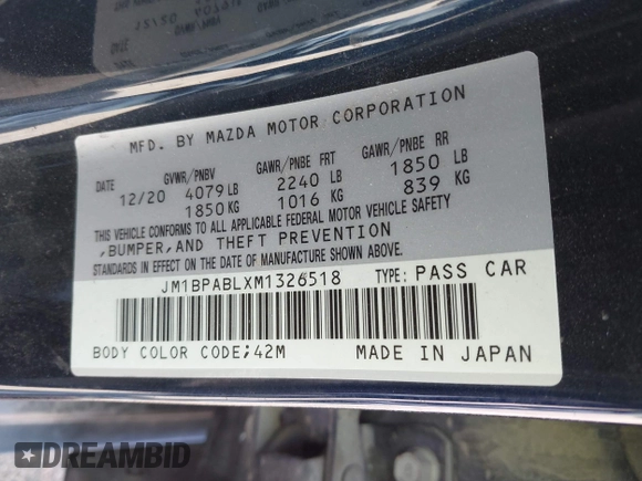 2021 Mazda 3 Select с VIN JM1BPABLXM1326518, выставлен на аукционе IAAI как лот 42130502 с пробегом 82 893 миль миль и . История ставок и продаж доступна на DreamBid. Изображение 9.