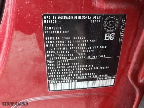 2019 Volkswagen Tiguan SEL Premium with VIN 3VV4B7AX0KM037728, listed as a Copart auction lot 50030665 with 101,498 mi miles and Salvage Title. Bid and sale history available at carsss.com. Image 14.
