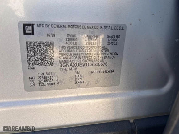 2020 Chevrolet Equinox LT with VIN 3GNAXUEV1LS516576, listed as a Copart auction lot 54550215 with 130,639 mi miles and Clean Title. Bid and sale history available at carsss.com. Image 10.
