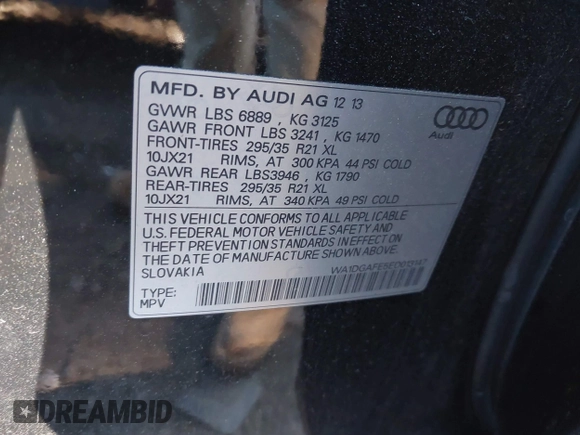 2014 Audi Q7 3.0T S line Prestige with VIN WA1DGAFE5ED013147, listed as a IAAI auction lot 41432296 with 121,861 mi miles. Bid and sale history available at carsss.com. Image 9.