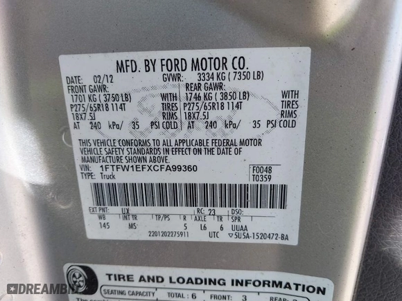 2012 Ford F-150 XL with VIN 1FTFW1EFXCFA99360, listed as a IAAI auction lot 41806704 with 141,102 mi miles. Bid and sale history available at carsss.com. Image 9.