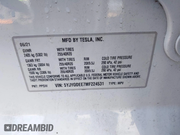 2021 Tesla Model Y Long Range with VIN 5YJYGDEE7MF224531, listed as a IAAI auction lot 38454442 with 52,408 mi miles. Bid and sale history available at carsss.com. Image 9.
