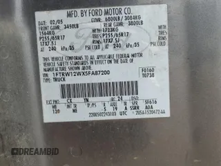 2005 Ford F-150 XLT z VIN 1FTRW12WX5FA87200, wystawiony jako Copart lot #55939875 z przebiegiem Nie podano mil oraz Szkoda całkowita • Salvage title. Historia ofert i sprzedaży dostępna na DreamBid. Obrazek 12.