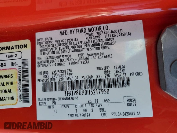 2017 Ford Mustang EcoBoost Premium with VIN 1FATP8UH0H5217950, listed as a Copart auction lot 59713445 with 102,326 mi miles and Salvage title. Bid and sale history available at DreamBid. Image 12.