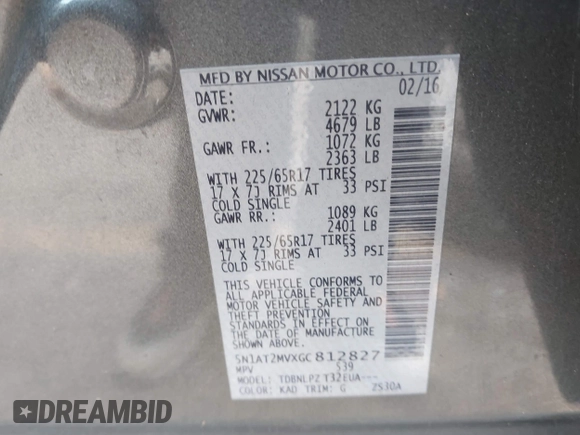 2016 Nissan Rogue SL with VIN 5N1AT2MVXGC812827, listed as a IAAI auction lot 41517972 with Not Provided miles and . Bid and sale history available at DreamBid. Image 9.