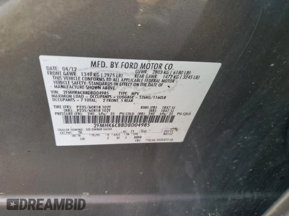 2013 Ford Flex SEL with VIN 2FMHK6C88DBD04985, listed as a Copart auction lot 43618395 with 185,709 mi miles and Non Repairable. Bid and sale history available at carsss.com. Image 13.
