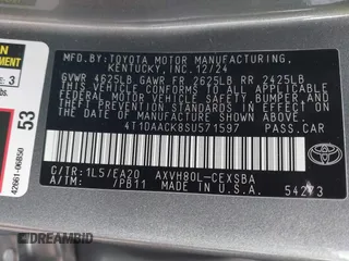 2025 Toyota Camry LE with VIN 4T1DAACK8SU571597, listed as a IAAI auction lot 42051463 with 1,681 mi miles and . Bid and sale history available at DreamBid. Image 9.