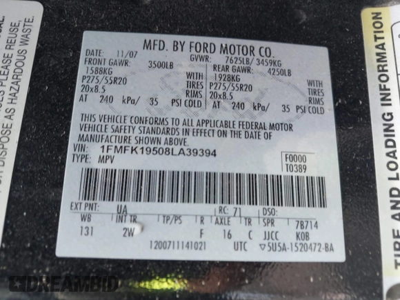 2008 Ford Expedition Max Limited z VIN 1FMFK19508LA39394, wystawiony jako IAAI lot #42660736 z przebiegiem 172 338 mil mil oraz . Historia ofert i sprzedaży dostępna na DreamBid. Obrazek 9.