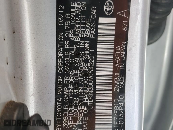 2012 Toyota Prius One with VIN JTDKN3DU9C5422011, listed as a Copart auction lot 64263265 with 183,886 mi miles and Salvage title. Bid and sale history available at DreamBid. Image 12.