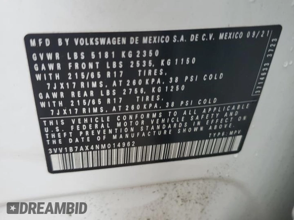 2022 Volkswagen Tiguan S with VIN 3VV1B7AX4NM014962, listed as a Copart auction lot 51811795 with 70,436 mi miles and Salvage title. Bid and sale history available at DreamBid. Image 15.