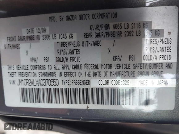 2010 Mazda 5 Sport with VIN JM1CR2WLXA0370650, listed as a IAAI auction lot 41602072 with 142,611 mi miles and . Bid and sale history available at DreamBid. Image 9.