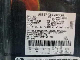 2013 Ford F-150 XL with VIN 1FTFW1ET1DFE04090, listed as a Copart auction lot 45906055 with 202,215 mi miles and Salvage Title. Bid and sale history available at carsss.com. Image 12.