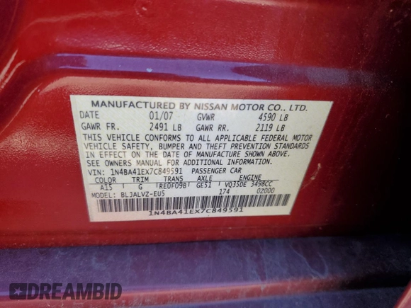 2007 Nissan Maxima 3.5 SE with VIN 1N4BA41EX7C849591, listed as a Copart auction lot 79697744 with 154,207 mi miles and Clean Title. Bid and sale history available at carsss.com. Image 12.
