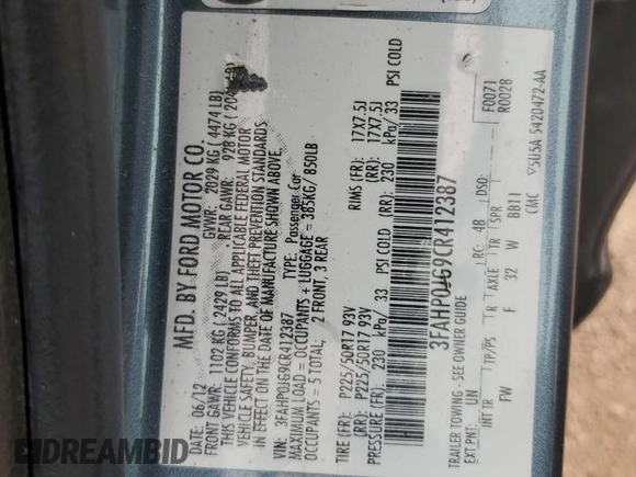 2012 Ford Fusion SEL z VIN 3FAHP0JG9CR412387, wystawiony jako Copart lot #58542715 z przebiegiem 143 112 mil mil oraz Czysty tytuł • Clean title. Historia ofert i sprzedaży dostępna na DreamBid. Obrazek 12.