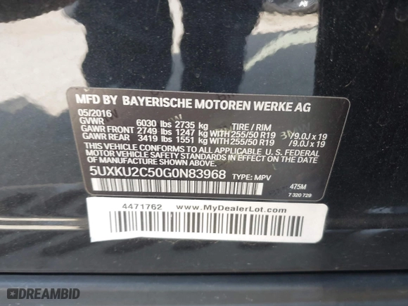 2016 BMW X6 xDrive35i with VIN 5UXKU2C50G0N83968, listed as a IAAI auction lot 41958971 with 70,738 mi miles. Bid and sale history available at carsss.com. Image 9.