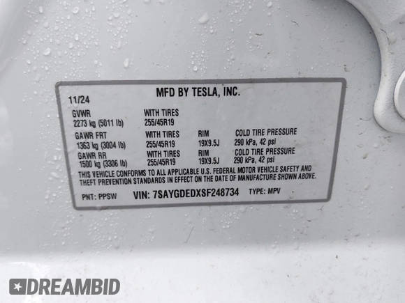 2025 Tesla Model Y Long Range with VIN 7SAYGDEDXSF248734, listed as a IAAI auction lot 41719195 with 5,876 mi miles and . Bid and sale history available at DreamBid. Image 9.