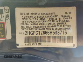 2006 Honda Civic Cpe LX with VIN 2HGFG12666H533716, listed as a IAAI auction lot 41786136 with 215,751 mi miles. Bid and sale history available at carsss.com. Image 9.