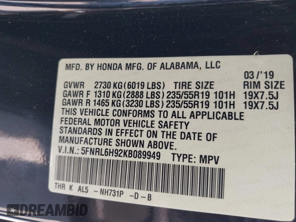 2019 Honda Odyssey Elite with VIN 5FNRL6H92KB089949, listed as a IAAI auction lot 42217646 with 61,193 mi miles and . Bid and sale history available at DreamBid. Image 9.