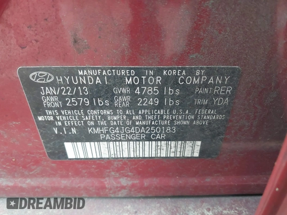 2013 Hyundai Azera z VIN KMHFG4JG4DA250183, wystawiony jako IAAI lot #42511640 z przebiegiem 203 868 mil mil oraz . Historia ofert i sprzedaży dostępna na DreamBid. Obrazek 9.