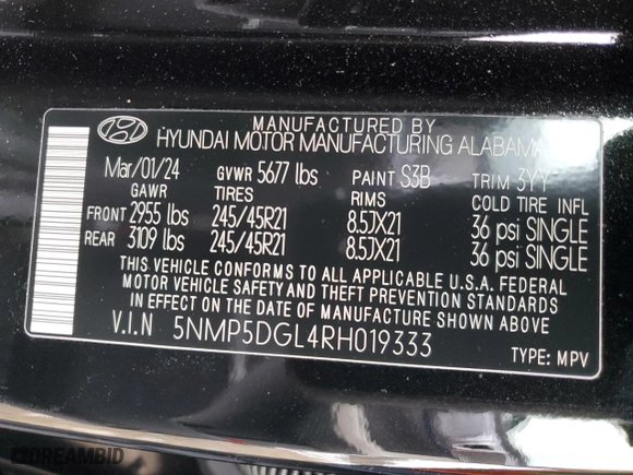 2024 Hyundai Santa Fe Calligraphy with VIN 5NMP5DGL4RH019333, listed as a Copart auction lot 44702695 with 5,032 mi miles and Salvage Title. Bid and sale history available at carsss.com. Image 14.