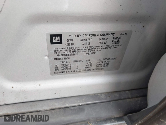 2016 Buick Encore Leather with VIN KL4CJCSB8GB716681, listed as a IAAI auction lot 42151311 with 55,772 mi miles and . Bid and sale history available at DreamBid. Image 9.