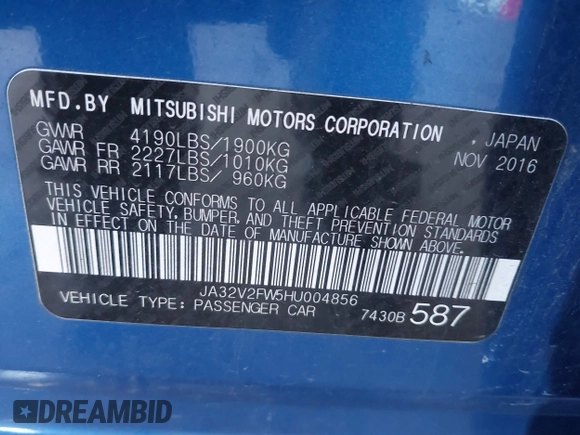 2017 Mitsubishi Lancer ES with VIN JA32V2FW5HU004856, listed as a IAAI auction lot 41950912 with 74,890 mi miles. Bid and sale history available at carsss.com. Image 9.