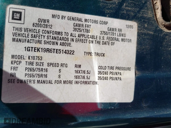 1996 GMC Sierra 1500 z VIN 1GTEK19R6TE514322, wystawiony jako IAAI lot #42253821 z przebiegiem 190 491 mil mil oraz . Historia ofert i sprzedaży dostępna na DreamBid. Obrazek 9.
