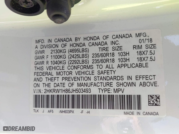 2018 Honda CR-V EX-L with VIN 2HKRW1H86JH503493, listed as a IAAI auction lot 41916065 with 1 mi miles. Bid and sale history available at carsss.com. Image 9.