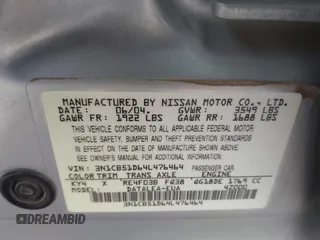 2004 Nissan Sentra S z VIN 3N1CB51D64L476464, wystawiony jako IAAI lot #41893404 z przebiegiem 112 030 mil mil oraz . Historia ofert i sprzedaży dostępna na DreamBid. Obrazek 9.