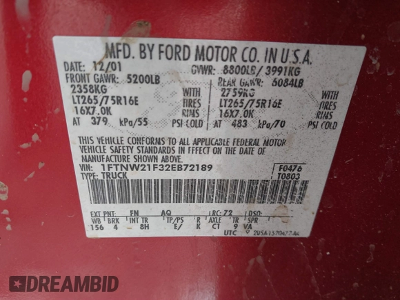 2002 Ford Super Duty F-250 XL with VIN 1FTNW21F32EB72189, listed as a IAAI auction lot 41724745 with 164,054 mi miles. Bid and sale history available at carsss.com. Image 9.