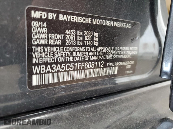 2015 BMW 3 Series 328i with VIN WBA3A5C51FF608112, listed as a Copart auction lot 59305835 with 147,883 mi miles and Salvage title. Bid and sale history available at DreamBid. Image 13.