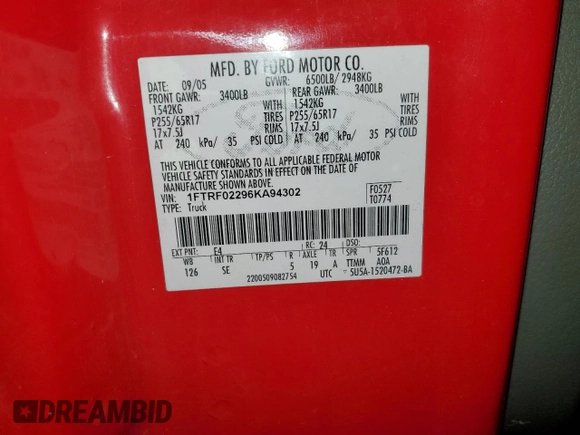 2006 Ford F-150 STX with VIN 1FTRF02296KA94302, listed as a Copart auction lot 89078895 with 184,750 mi miles and Salvage title. Bid and sale history available at DreamBid. Image 12.