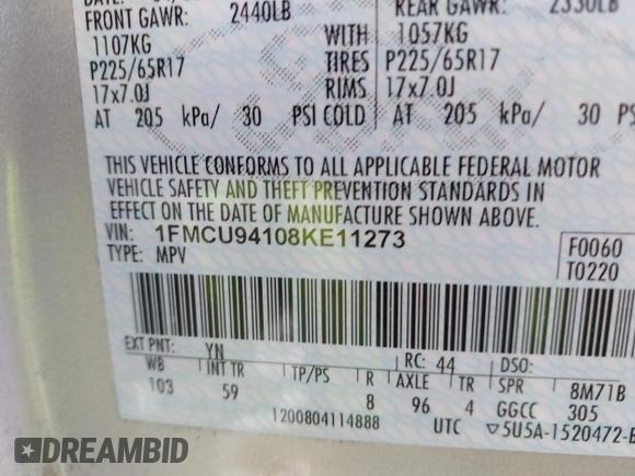 2008 Ford Escape Limited with VIN 1FMCU94108KE11273, listed as a IAAI auction lot 41405164 with 192,827 mi miles. Bid and sale history available at carsss.com. Image 9.