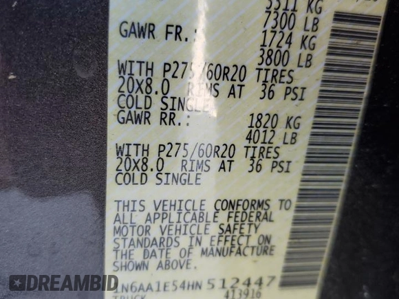 2017 Nissan Titan SV z VIN 1N6AA1E54HN512447, wystawiony jako Copart lot #56543875 z przebiegiem 119 426 mil mil oraz Czysty tytuł • Clean title. Historia ofert i sprzedaży dostępna na DreamBid. Obrazek 12.