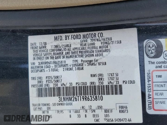 2009 Lincoln MKZ with VIN 3LNHM26T19R635810, listed as a Copart auction lot 58265475 with 192,707 mi miles and Clean title. Bid and sale history available at DreamBid. Image 13.