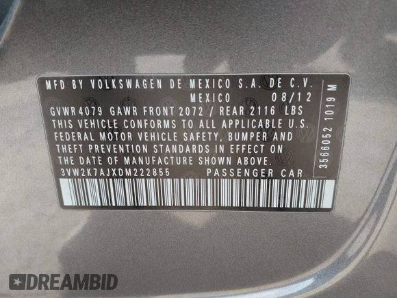 2013 Volkswagen Jetta S with VIN 3VW2K7AJXDM222855, listed as a IAAI auction lot 42155225 with 45,724 mi miles and . Bid and sale history available at DreamBid. Image 9.