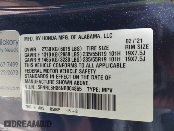 2022 Honda Odyssey Touring with VIN 5FNRL6H86NB004865, listed as a IAAI auction lot 42254009 with 47,229 mi miles and . Bid and sale history available at DreamBid. Image 9.