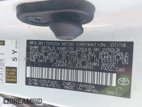 2018 Toyota Prius Two with VIN JTDKARFU2J3054890, listed as a IAAI auction lot 41639655 with 144,967 mi miles. Bid and sale history available at carsss.com. Image 9.