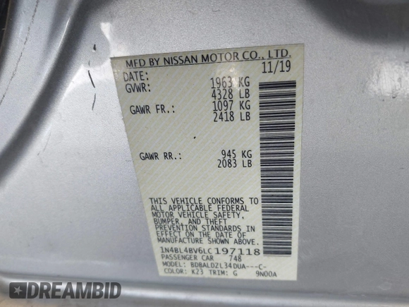 2020 Nissan Altima S with VIN 1N4BL4BV6LC197118, listed as a IAAI auction lot 41616262 with 104,382 mi miles and . Bid and sale history available at DreamBid. Image 9.