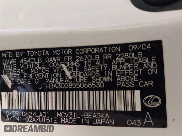 2005 Lexus ES 350 with VIN JTHBA30G855068530, listed as a IAAI auction lot 41643478 with 230,758 mi miles and . Bid and sale history available at DreamBid. Image 9.