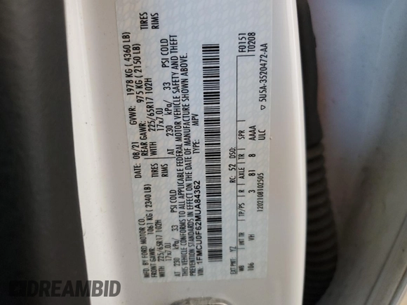 2021 Ford Escape S with VIN 1FMCU0F62MUA84362, listed as a Copart auction lot 57903915 with 119,722 mi miles and Clean title. Bid and sale history available at DreamBid. Image 13.