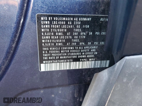 2016 Volkswagen Tiguan S with VIN WVGBV7AX7GW597875, listed as a Copart auction lot 74781864 with 74,175 mi miles and Salvage Title. Bid and sale history available at DreamBid. Image 14.