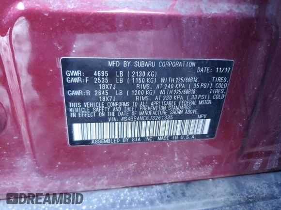 2018 Subaru Outback Limited with VIN 4S4BSANC8J3261335, listed as a Copart auction lot 45465385 with 83,690 mi miles and Salvage Title. Bid and sale history available at DreamBid. Image 13.