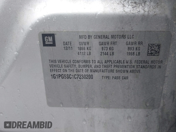 2012 Chevrolet Cruze 2LT with VIN 1G1PG5SC1C7230200, listed as a IAAI auction lot 42211746 with 178,428 mi miles and . Bid and sale history available at DreamBid. Image 9.