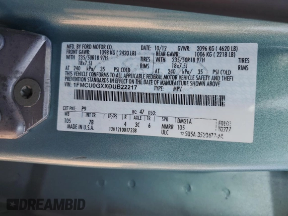 2013 Ford Escape SE with VIN 1FMCU0GXXDUB22217, listed as a Copart auction lot 58698375 with 143,889 mi miles and Clean title. Bid and sale history available at DreamBid. Image 13.